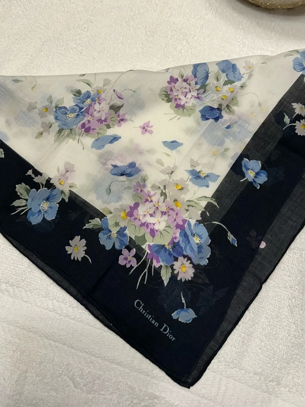 Vintage Christian Dior Floral Cotton Square Scarf Black Border 16.5” EUC